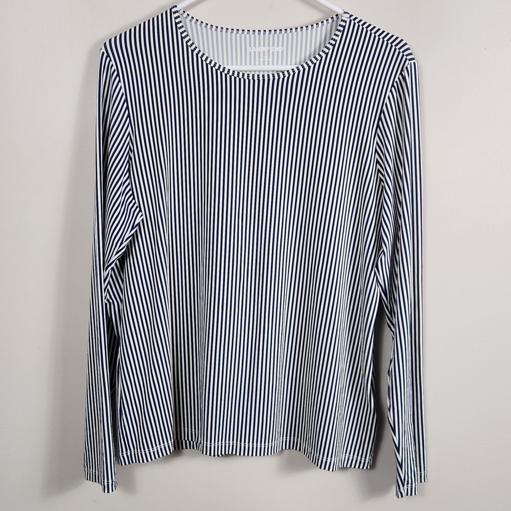 Lands End Navy White Striped Rash Guard Swim Tee Coastal Beachy L 14-16